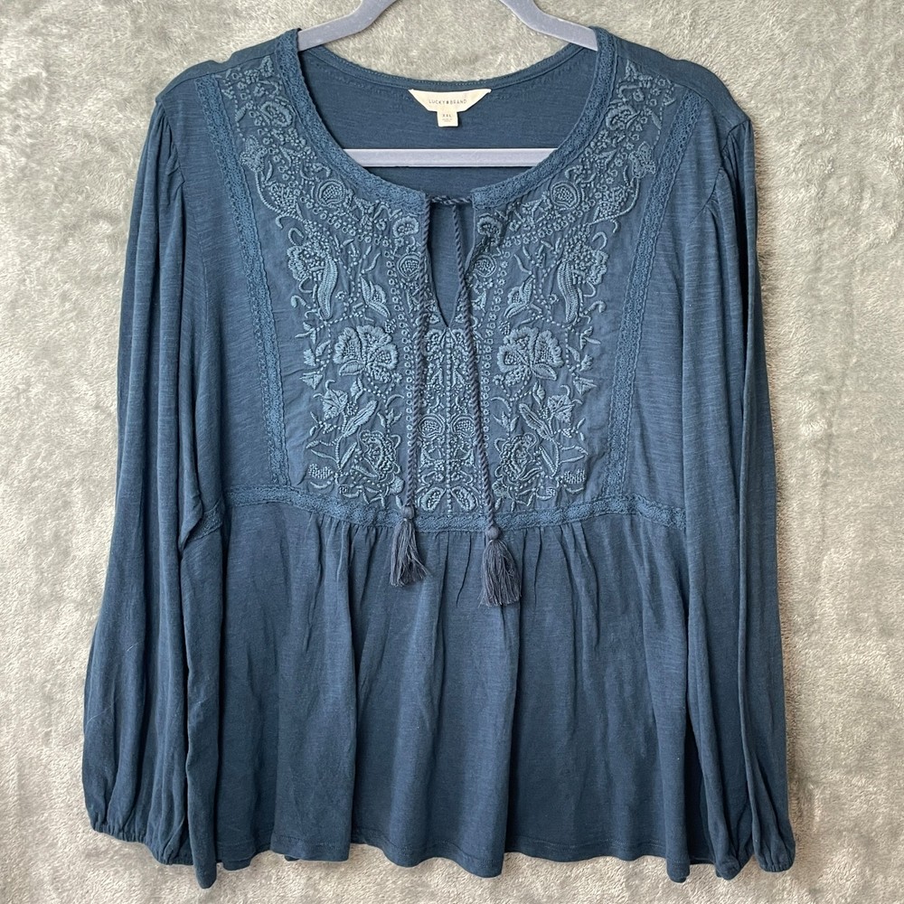 Lucky Brand Top Womens 2XL Blue Blouse Flowy Tassels Embroidered Bohemian Hippie