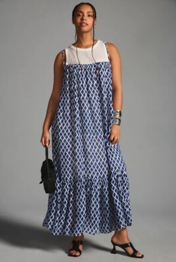 Maeve by Anthropologie Blue Geometric Maxi Dress Size M