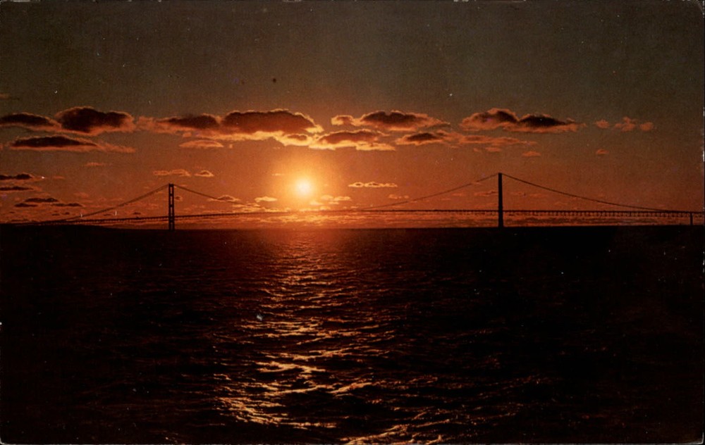 Michigan Mackinac Straits Bridge sunset ~ 1950-60s vintage postcard