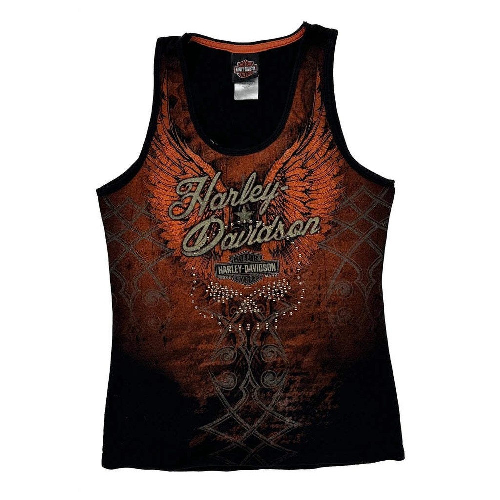 Harley Davidson Graphic Tank Top - Large Orange Cotton