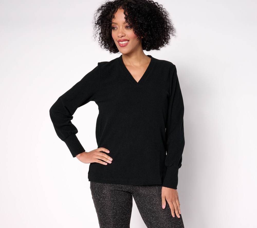 Cuddl Duds Women's Top Plus Sz 3X Ribbed Fleece V-Neck Pullover Black A667646