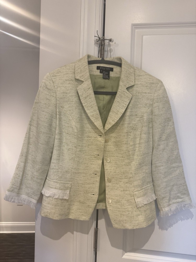 Etcetera Women’s Blazer Jacket Size 4 – Beige Textured Fringe Trim Career Casual