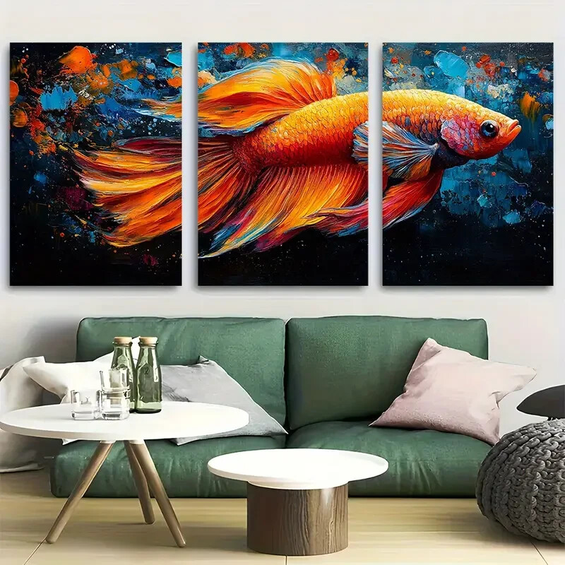 3pcs Colorful Betta Fish Metal Wall Art with Flowing Design - Ready to Hang