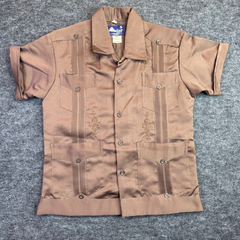 Tikal'hen Jr Guayabera Shirt Kids Sz 10 Brown Short Sleeve Embroidered Mexican