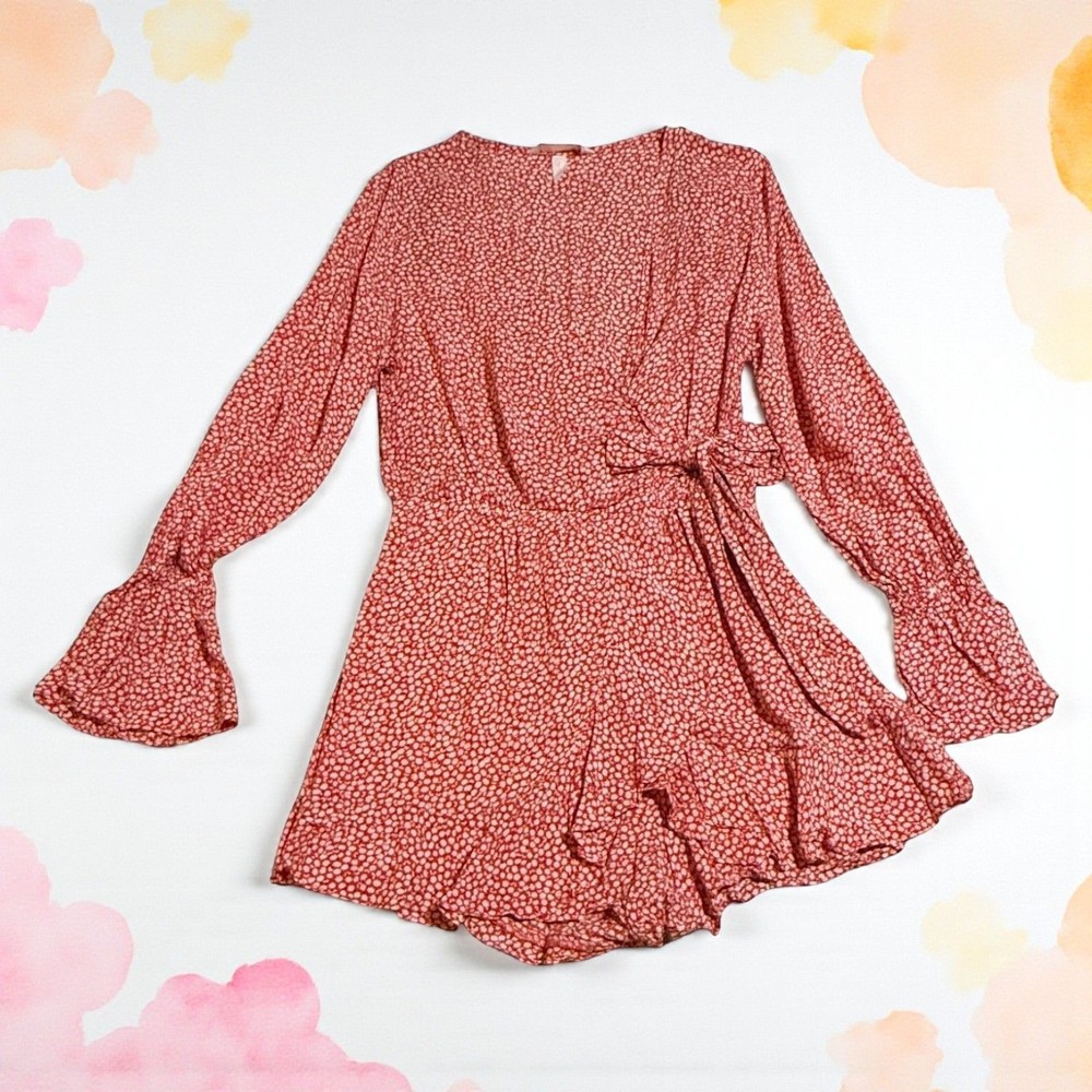 H&M Red Floral Long Sleeve Wrap Romper Womens Size 14 Boho Ruffle Hem