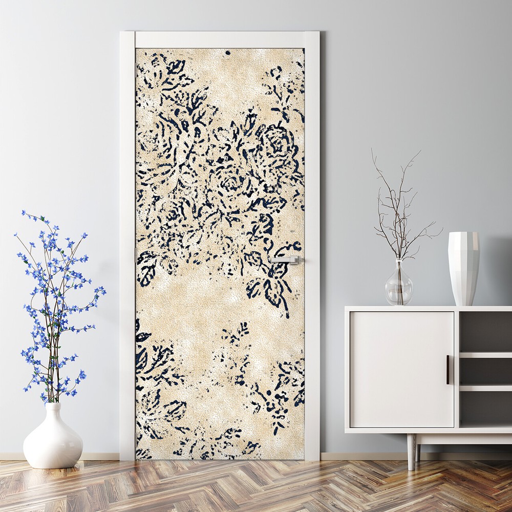 Vintage floral bubble-free black and beige door sticker for home décor
