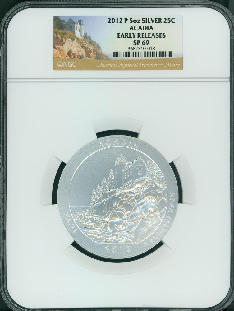 2012-P ACADIA MAINE NATIONAL PARK ATB 5 OZ. SILVER NGC SP69 EARLY RELEASES ER !!-image