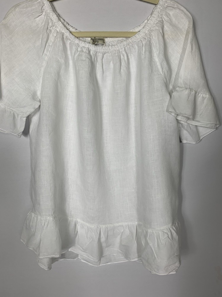 Terzo Millenio Italy Off Shoulder Ruffle Linen Frilly Blouse Large Short Sleeve