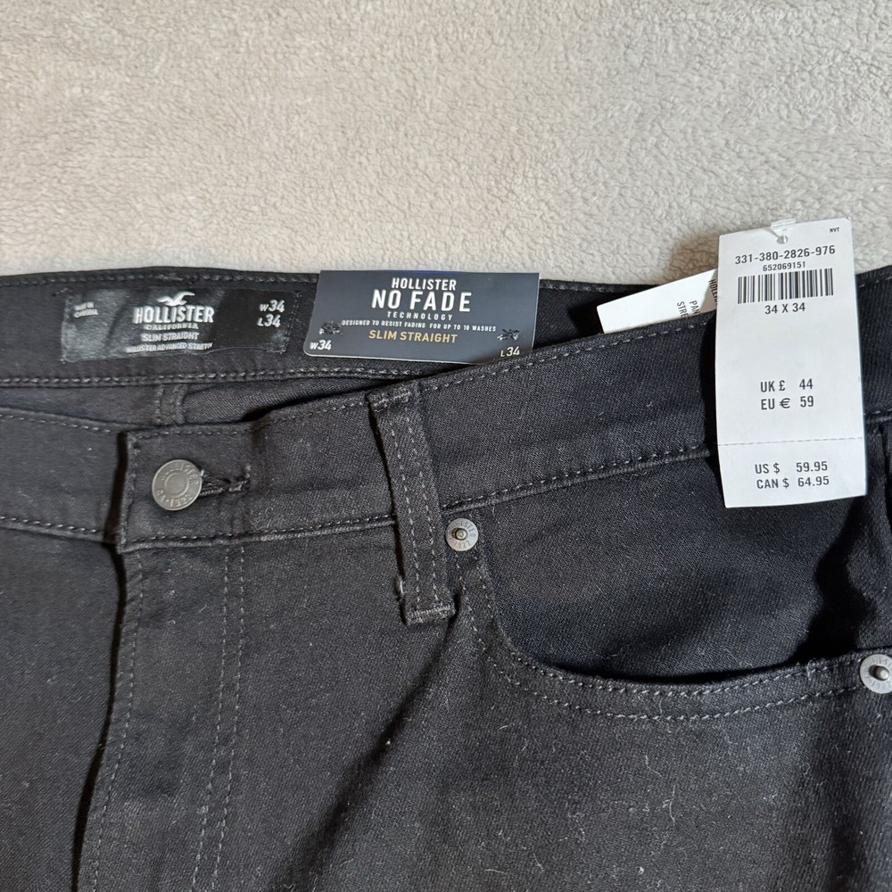 Hollister California No Fade Jeans Men's 34x34 (30) Black Slim Jean Stretch New