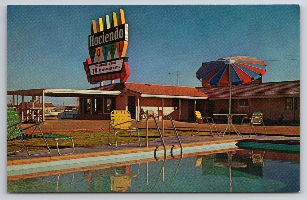 Hacienda Motel Yuma Arizona Vintage Chrome Postcard Pool Neon Sign 1950s 60s