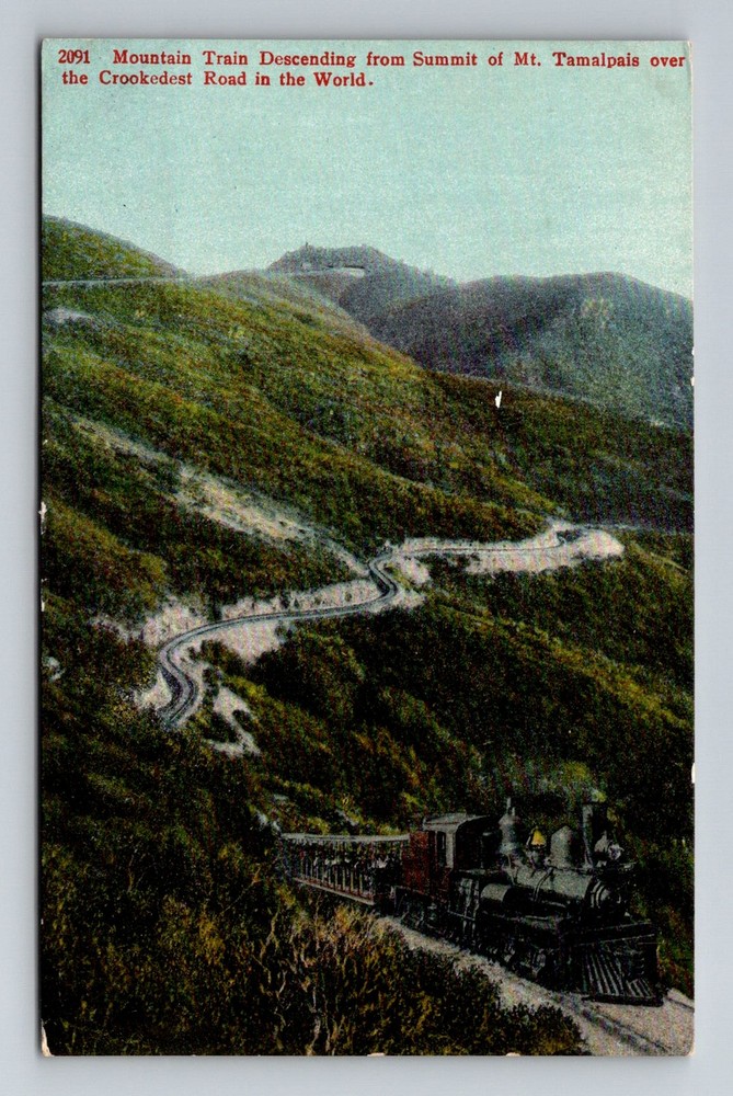 Mt Tamalpais, CA-California, Mountain Train Crooked Road Scenic Vintage Postcard