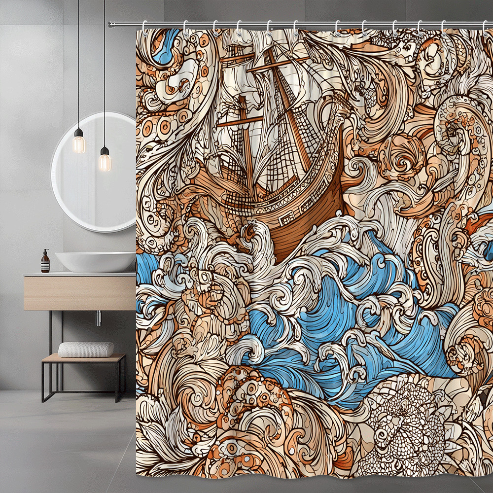 Nautical Ship and Waves Shower Curtain Blue Brown Graphic
