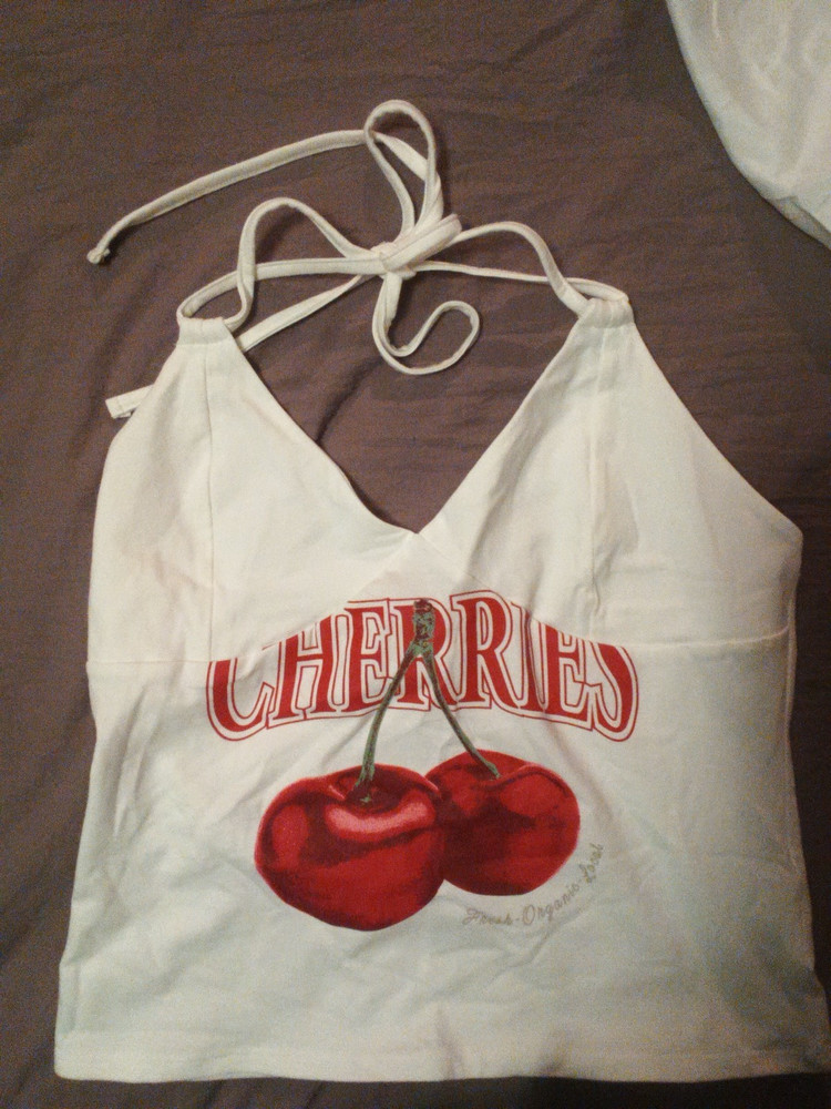 Women's Medium White String Tie Halter Top with Graphics Shirt