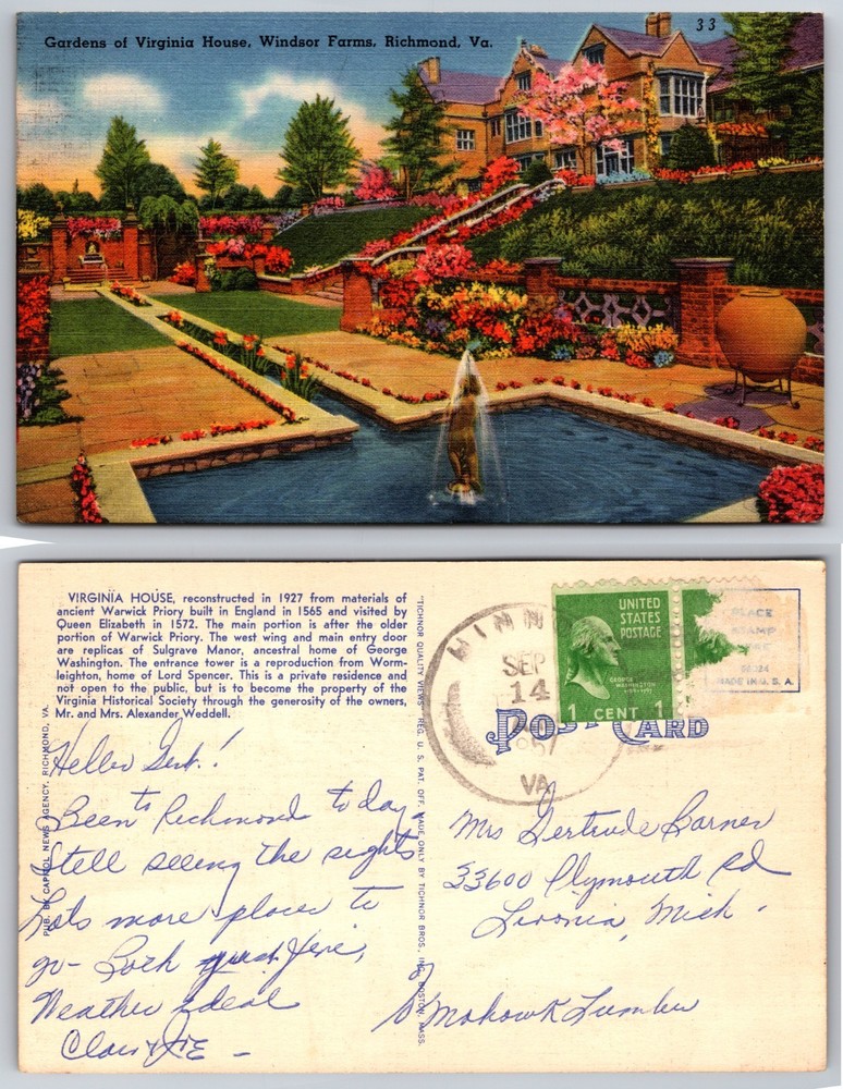 Gardens Virginia House Windsor Farms Richmond VA Postcard