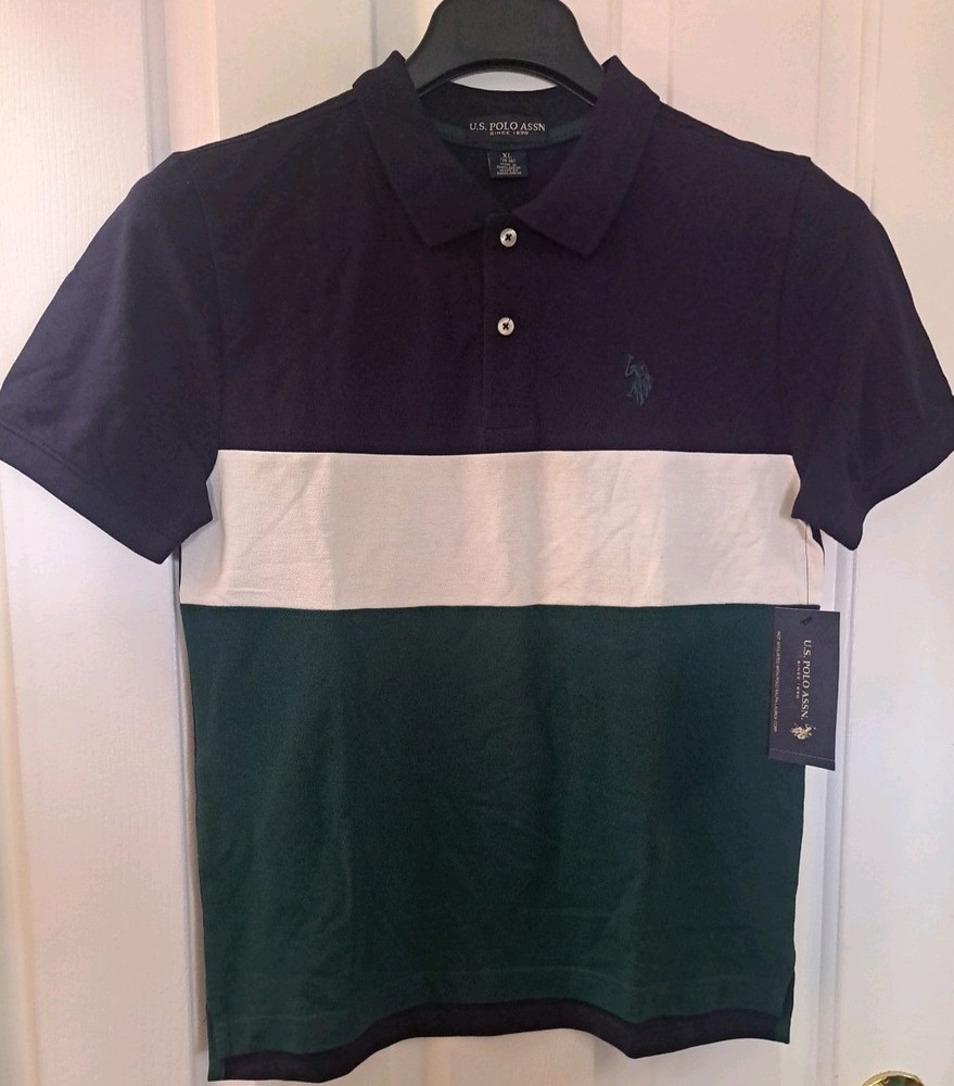 U.S. Polo Assn. Boys Colorblock Polo Shirt XL (14-16) Navy Green White