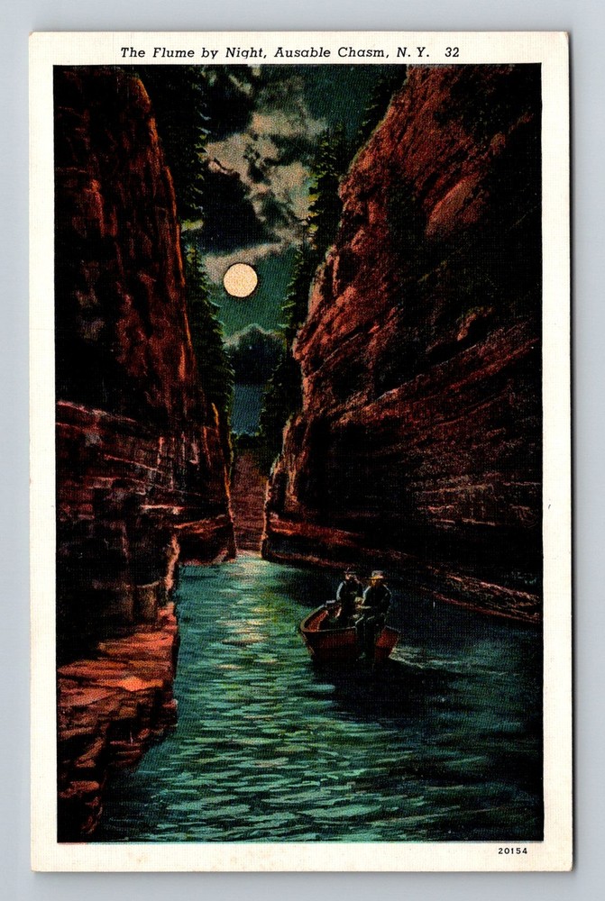 Ausable Chasm, NY-New York, Flume Moonlit Boat Ride Night Scene Vintage Postcard