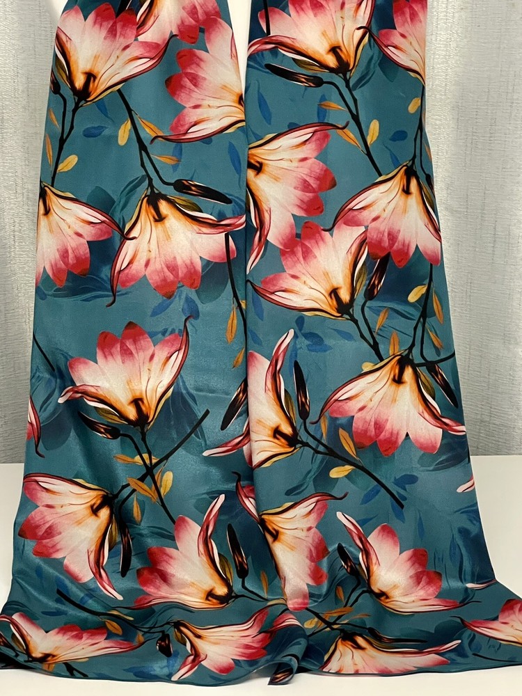 100% Mulberry Silk Scarf Dark Teal Blue Crimson Floral Crepe de Chine 50x200cm