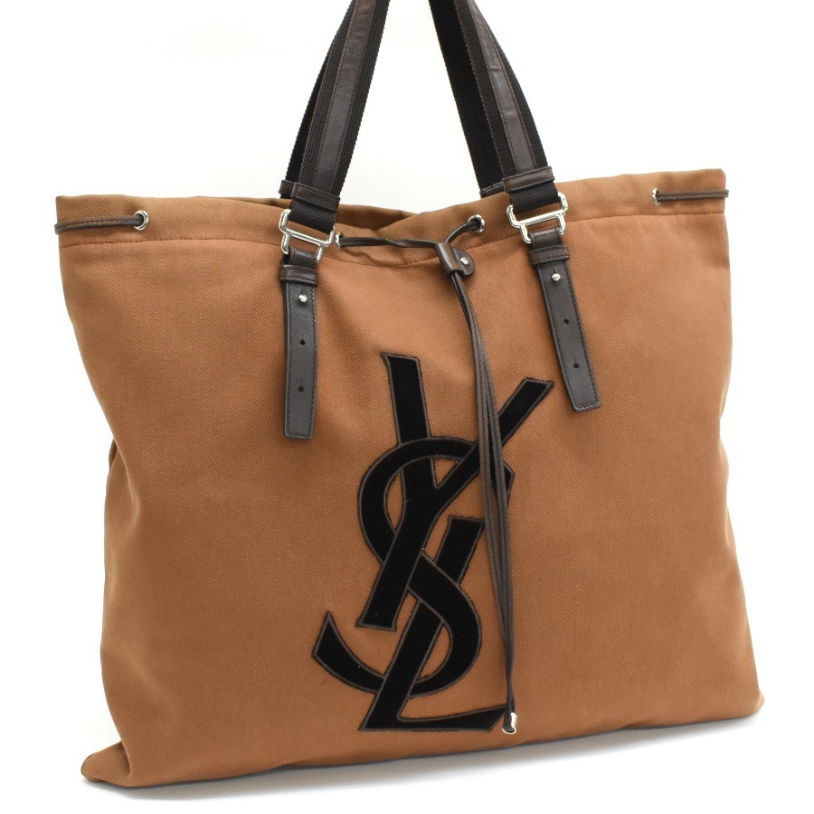Vintage YSL Kahala Canvas Leather Tote Bag Brown Logo Women