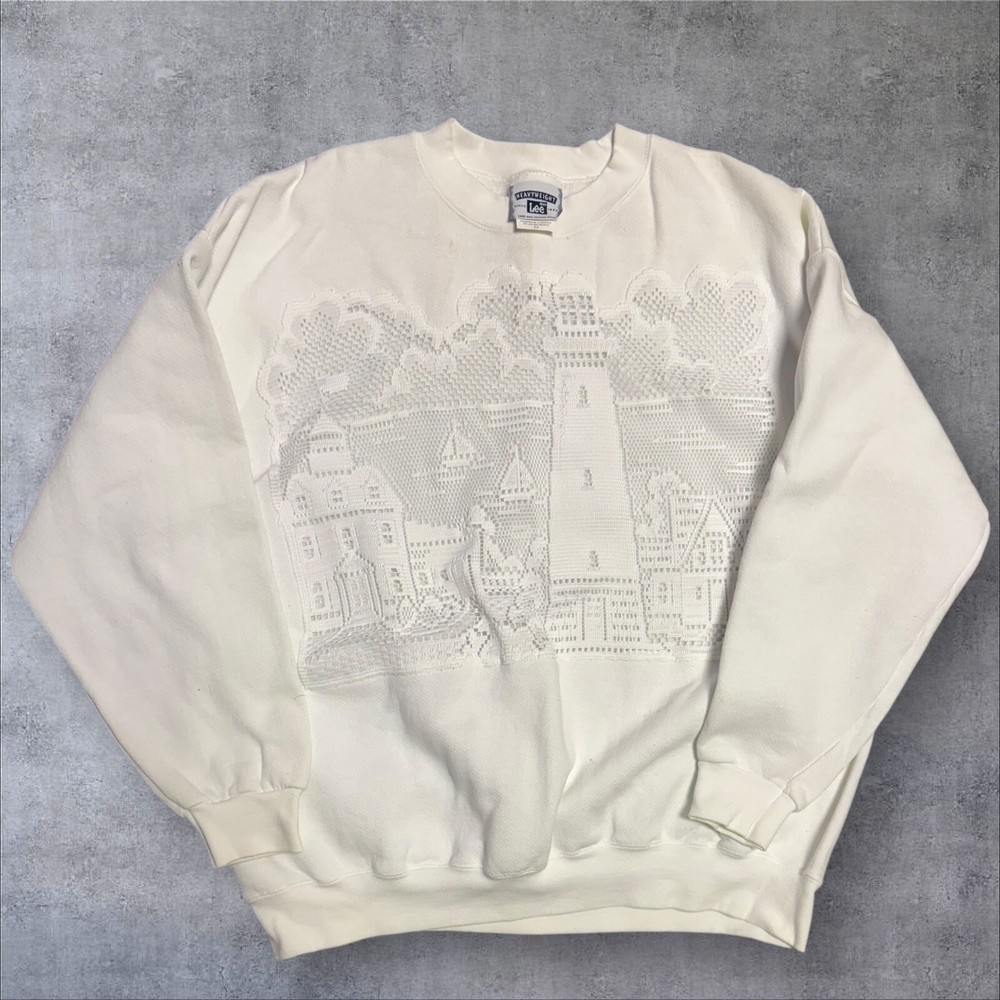Vtg 90's Lee Sport Textured Crewneck Sweatshirt 2XL White Lighthouse