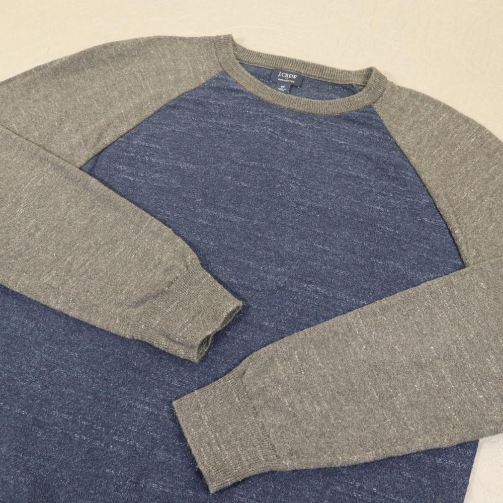 J.Crew Sweater Mens Medium Blue Gray Raglan 100% Cotton Knit Crewneck Pullover