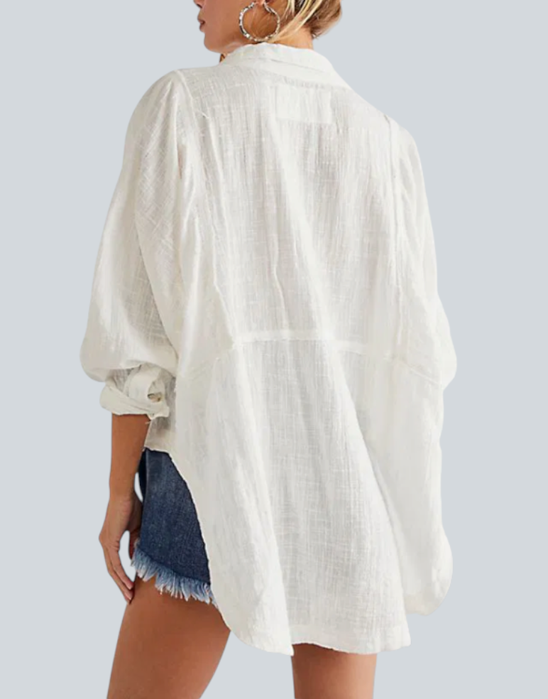 WE THE FREE People White Gauze Top Blouse ONE AND ONLY BUTTON-DOWN Frayed Trim M