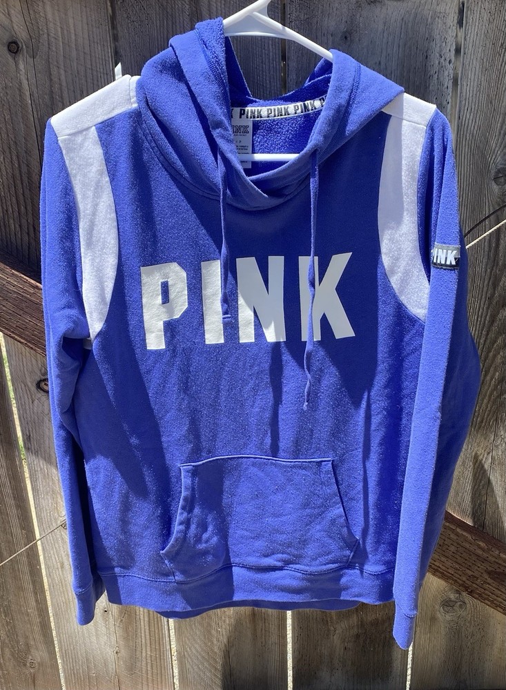 PINK Victoria's Secret Blue White Colorblock Logo Fleece Hoodie Pockets S