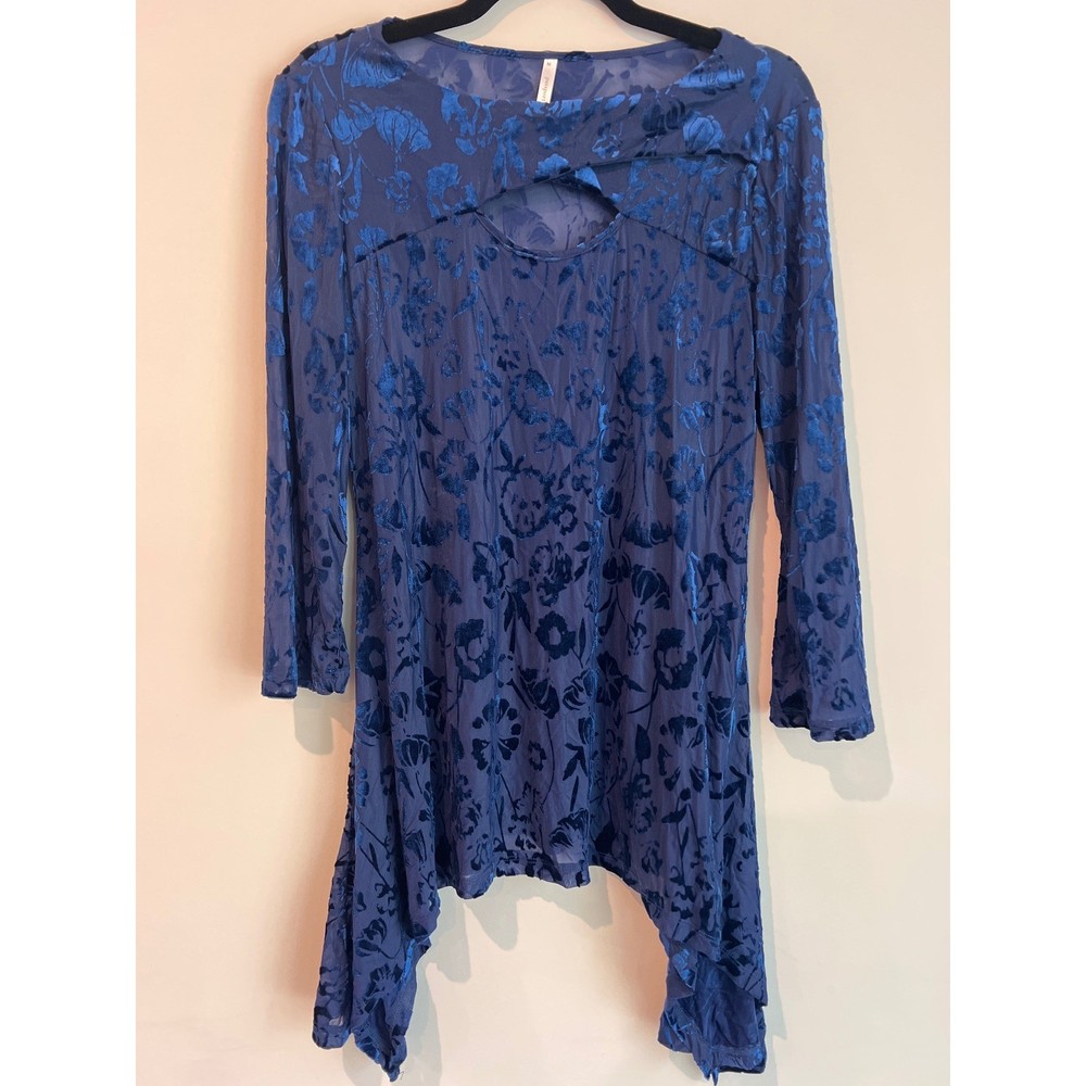 Passports Blue Velvet Sheer Floral Burnout Long Sleeve Tunic Top Size Medium