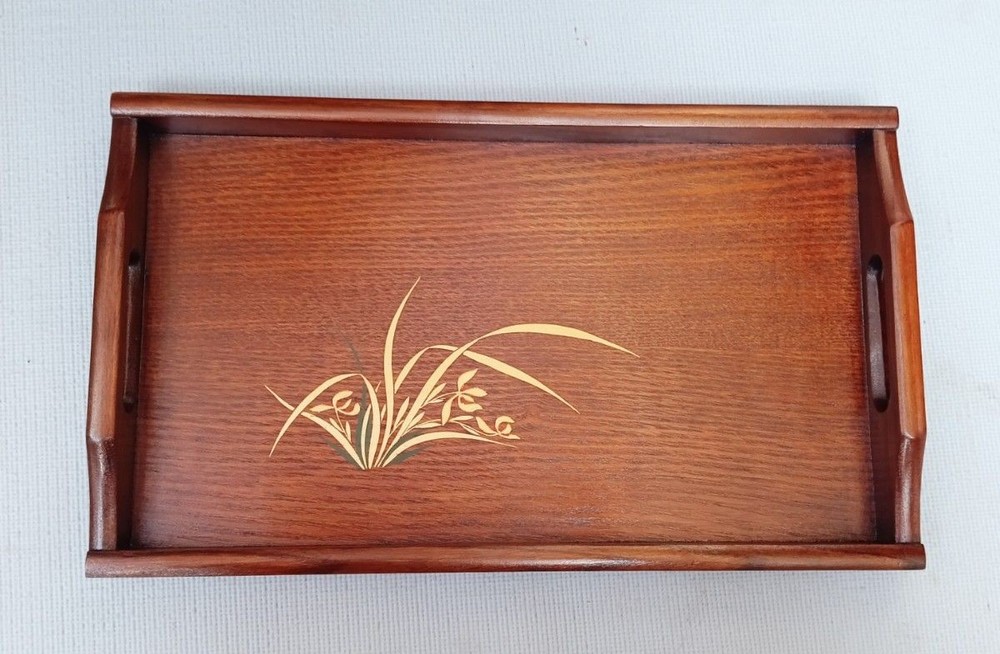 Wooden Tray with Floral Pattern Traditional Craft Japanese Tableware Tea Tray