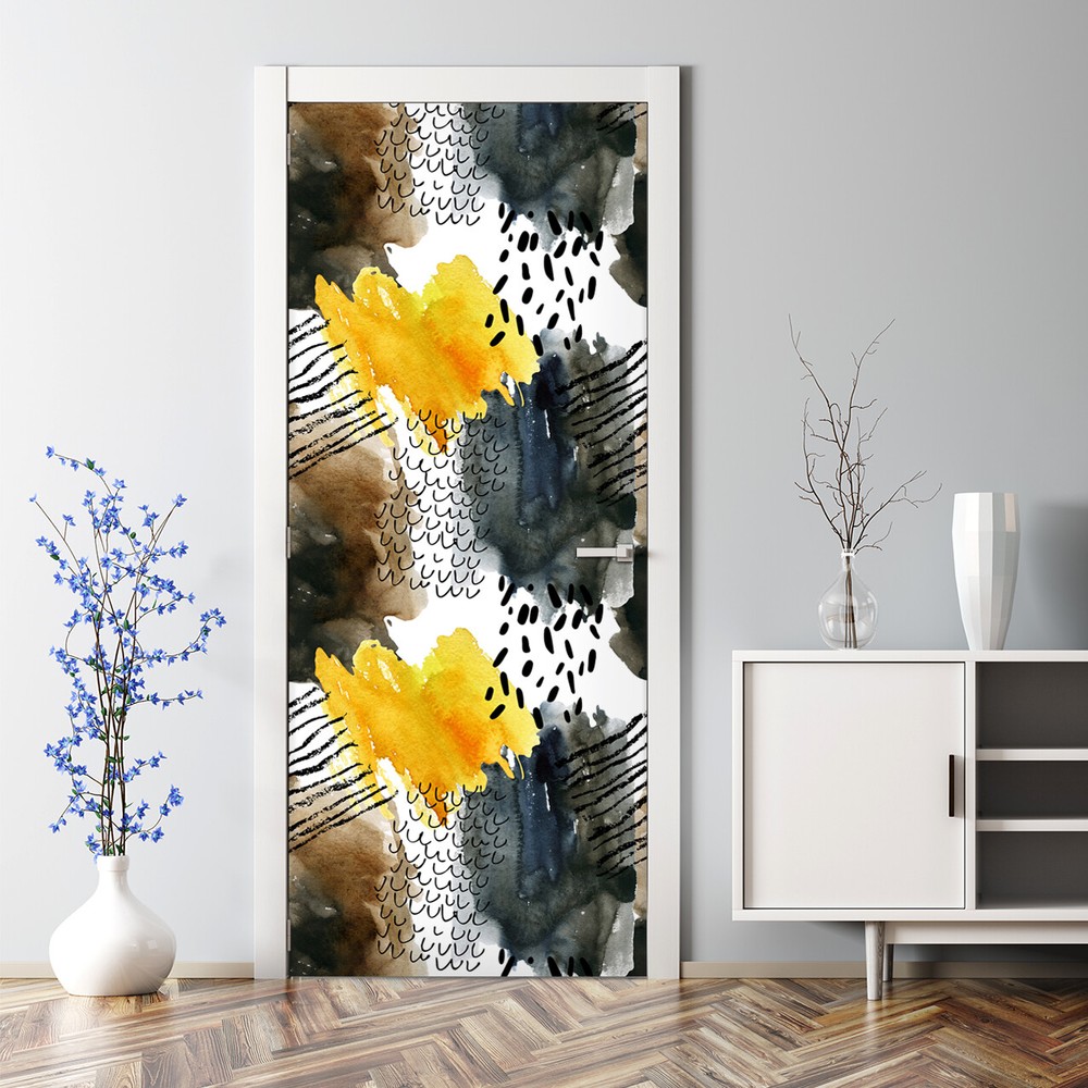 Abstract autumn leaf door decal in yellow and black self-adhesive wall covering-image