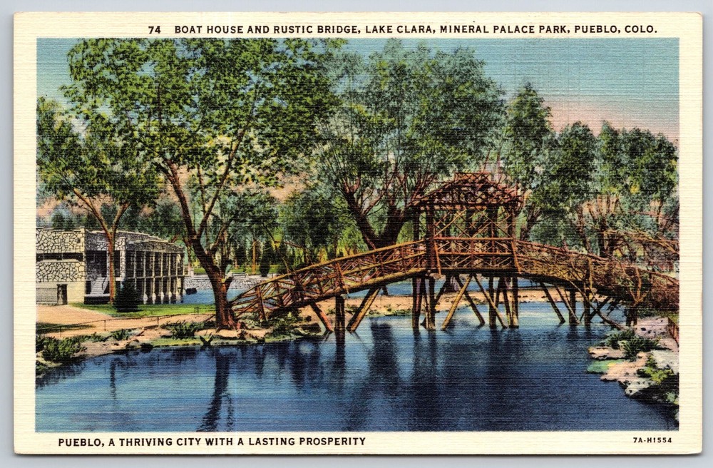 Colorado~Boat House & Rustic Bridge @ Mineral Palace Park~Vintage Linen Postcard