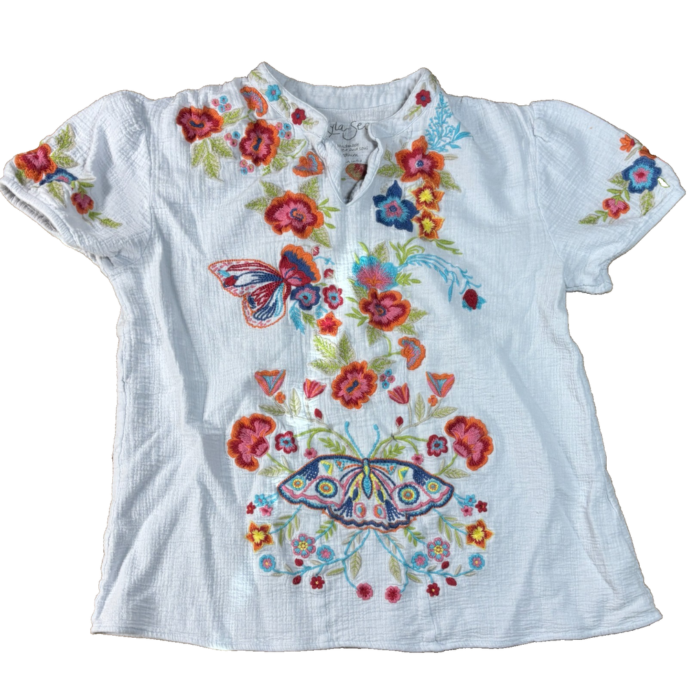 Kyla Seo Blouse Embroidered Butterfly Fairy Cottagecore Festival Floral Shirt M