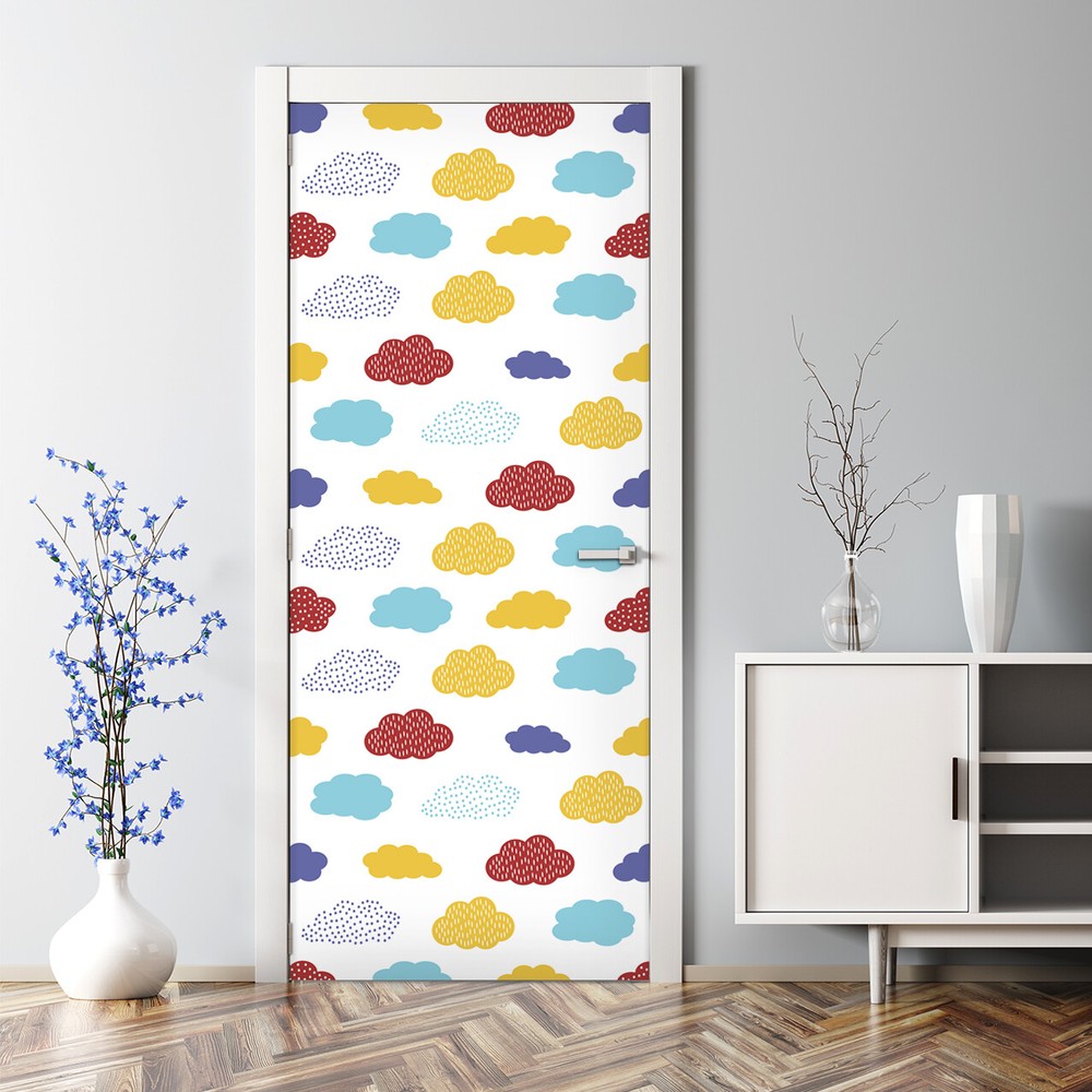 Bubble Free Door Sticker Colorful Clouds Child Drawing Style Kids Room Decor