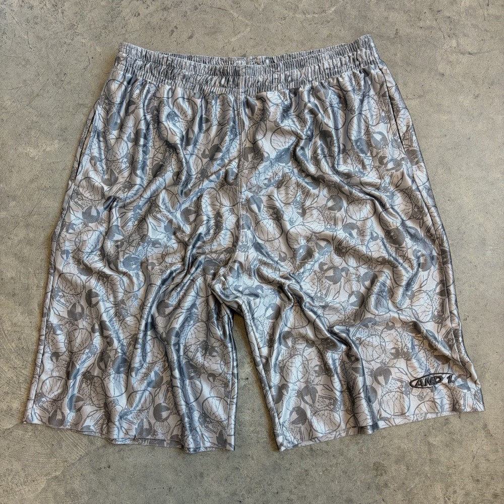 And1 Soft Shiny Silky Dazzle AOP Shorts Silver Basic Basketball Baggy Size XL*