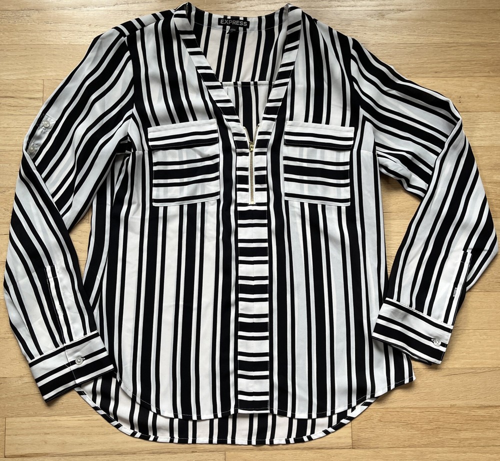 Women’s Express Top Blouse Black White Slimming Stripes & Gold Zipper Size Small