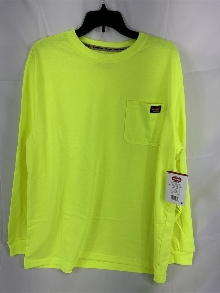 NWT Wrangler Workwear Men's Hi-Vis Yellow Long Sleeve Pocket T-Shirt Size XL