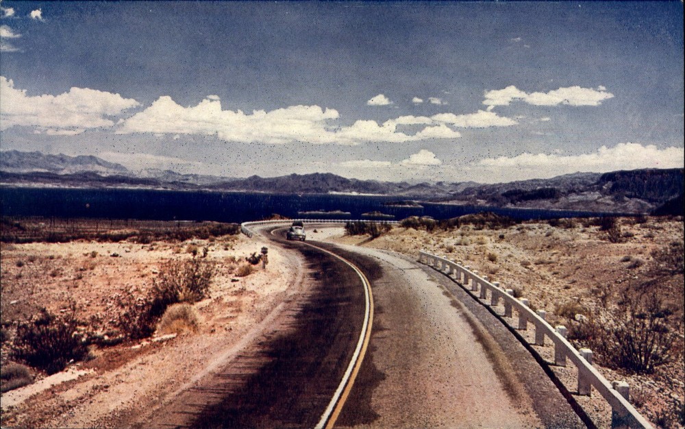 Transcontinental Highway 466 at Lake Mead Nevada Arizona~1950s postcard