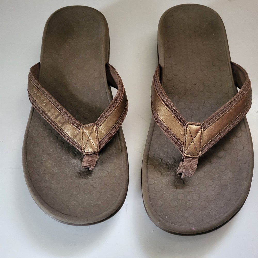 Vionic Womens Bronze Tide II Metallic Leather Thong Sandals Size 10