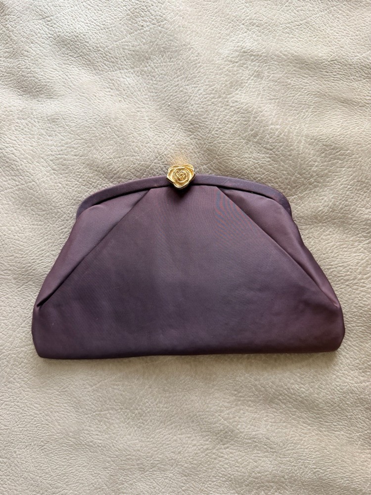 Vintage Brown Satin Evening Bag Purse Clutch Chain Gold Flower Clasp