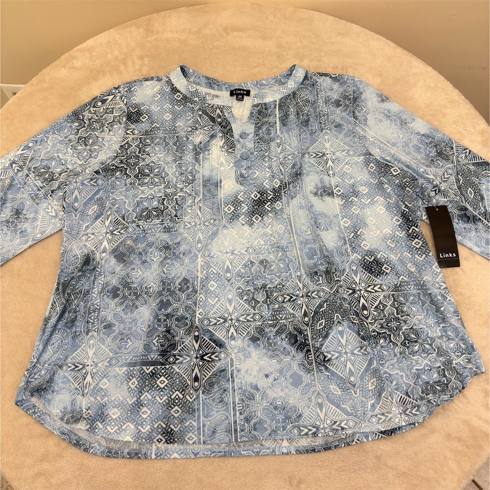 NWT Links Blouse Womens 2XL Blue Geometric Print Split Neck Tunic Long Sleeve