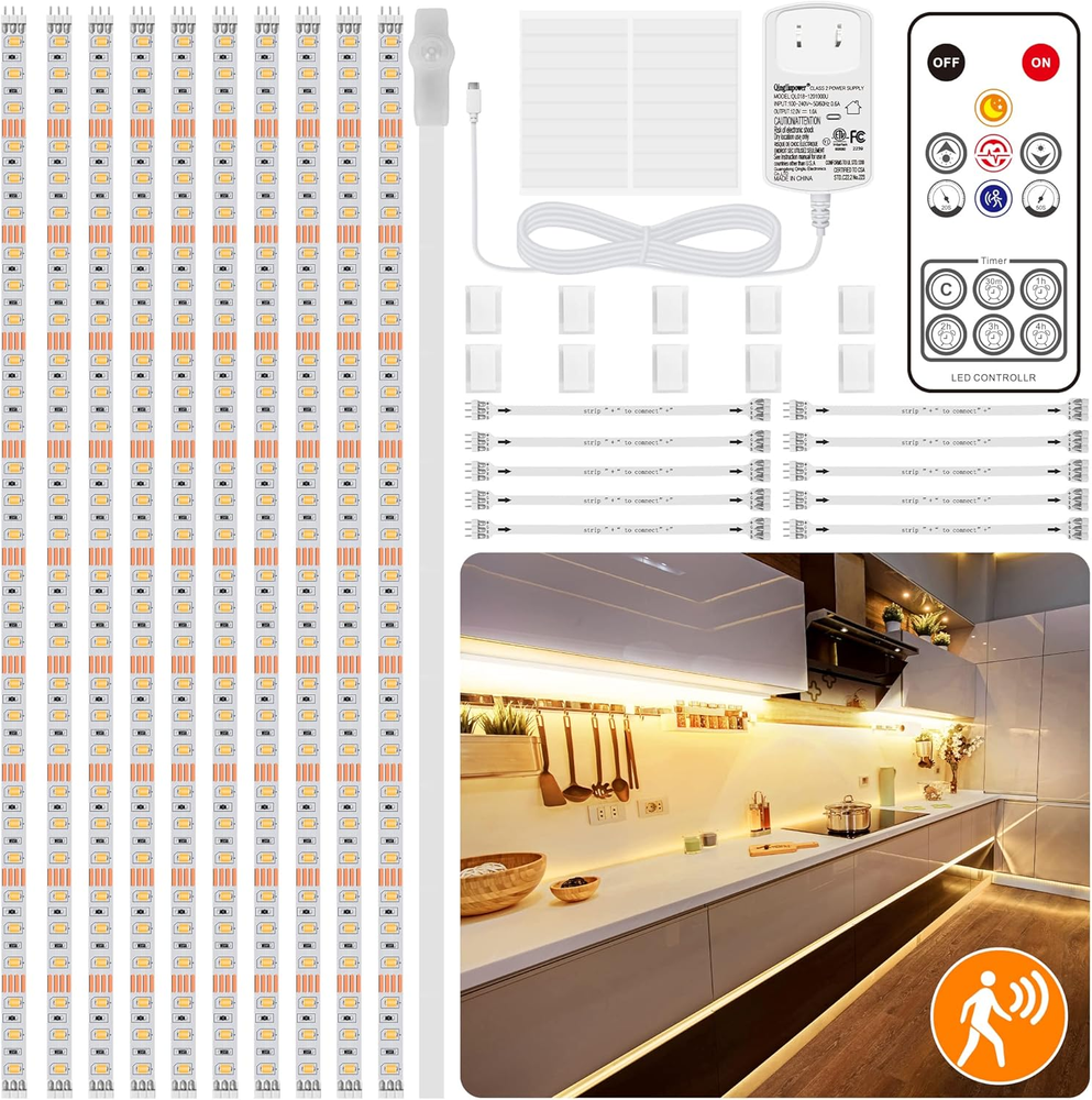 LAFULIT 10 PIEZAS Kit de Luces Bajo Gabinete, Sensor de Movimiento Tira de Luces LED con Rem