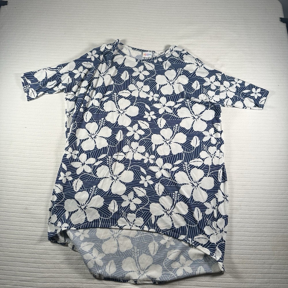 LuLaRoe Irma Top Womens Medium Blue White Floral High Low Tunic Short
