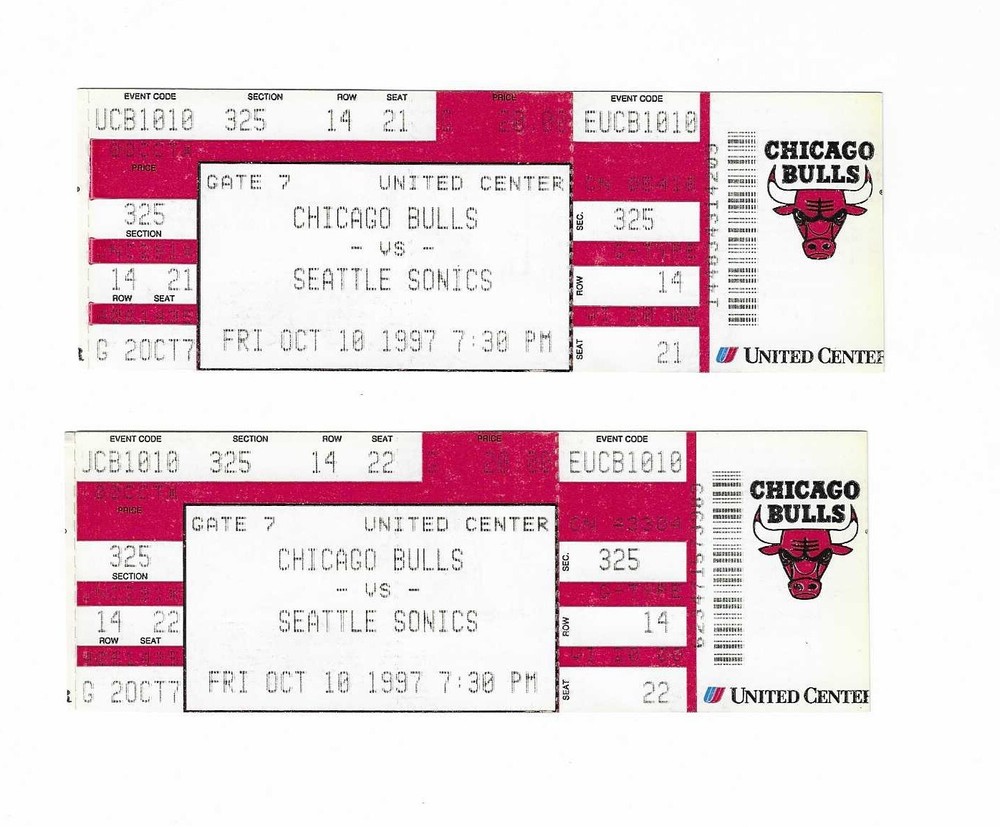 Chicago Bulls vs Seattle Sonics Unused Basketball Tickets from 10/10/1997