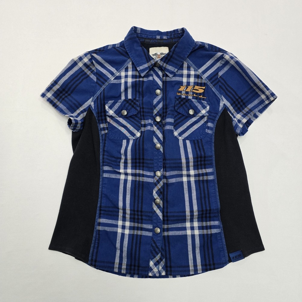Harley Davidson 115 Years Shirt Womens Small ~ Blue Plaid Snap Button