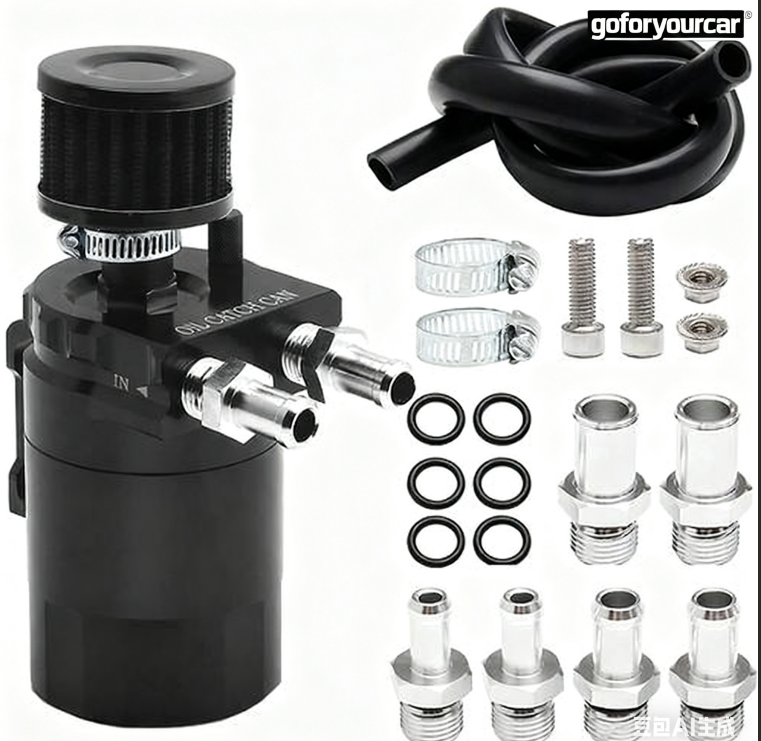 Engine Oil Catch Can Tank Kit with Breather Filter 300ml Aluminum Polish Black