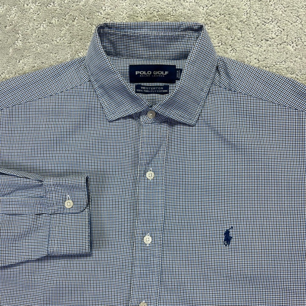 Polo Golf Ralph Lauren Shirt Mens Large Westerton Blue Houndstooth Cotton Preppy