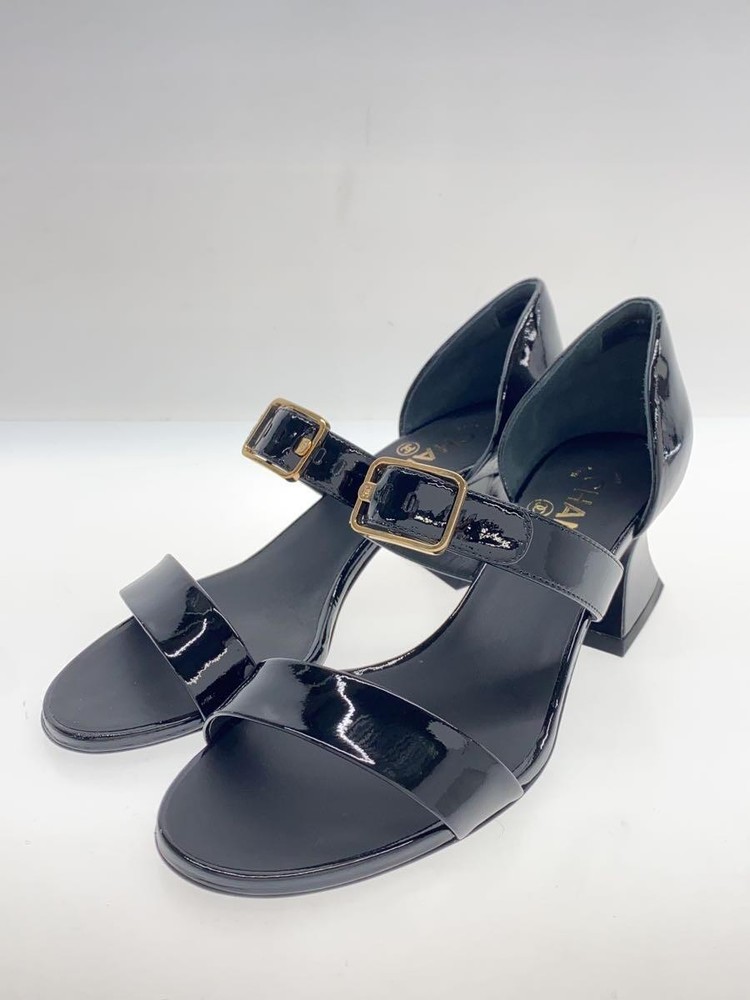 CHANEL D'Orsay Black Leather Chunky Heel Sandals EU 37.5 G39050 Pre-Owned