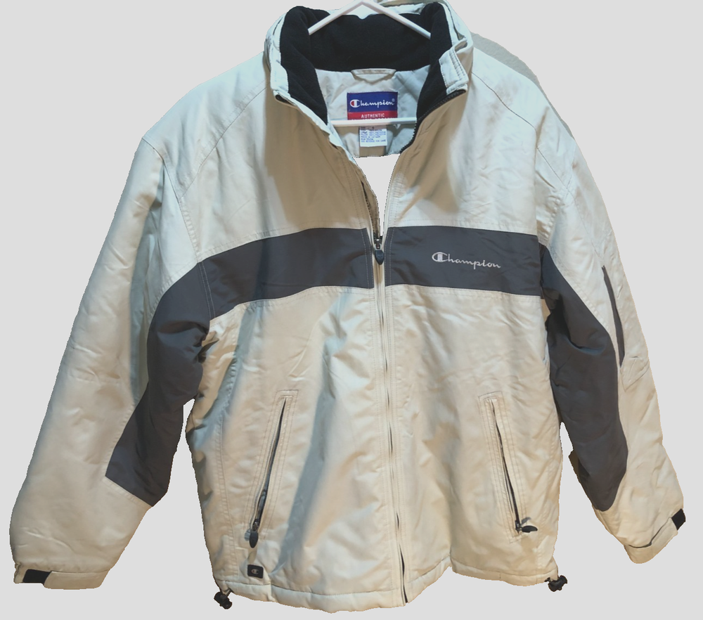 Champion Men's White Nylon Puffer Zip Fleece Lined Winter Vintage 90s Jacket S