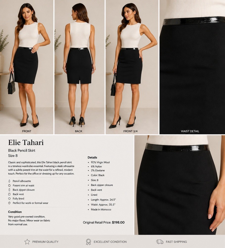 Elie Tahari Black Pencil Skirt Size 8 Wool Blend Classic Work Office Career Zip