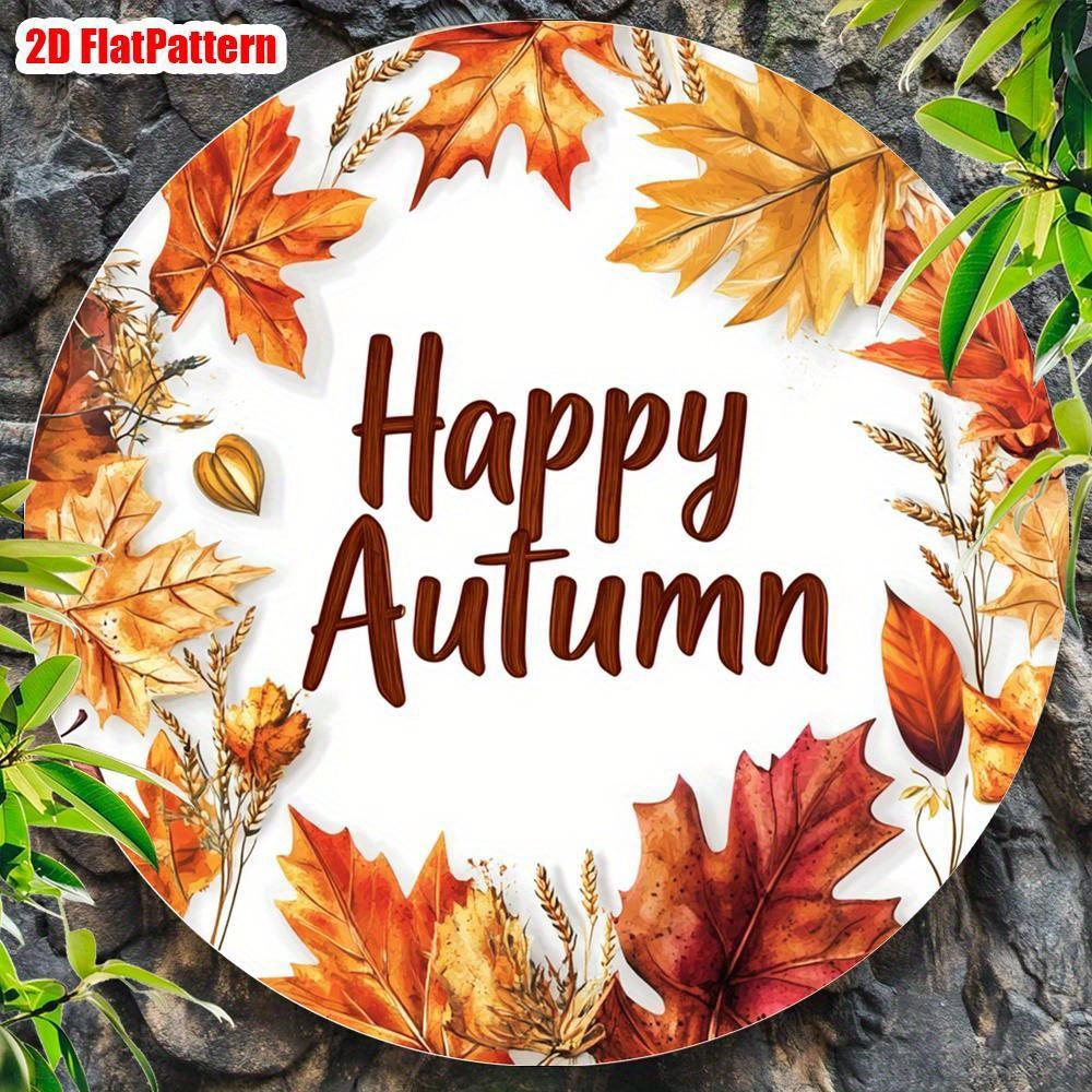 Happy Autumn Fall Leaves Round Aluminum Wall Art Vintage