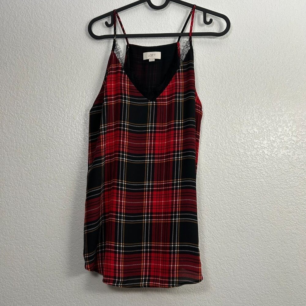 LOFT Women's Size M Red Tartan Plaid Lace Trim Sleeveless Cami Tank Top Holiday